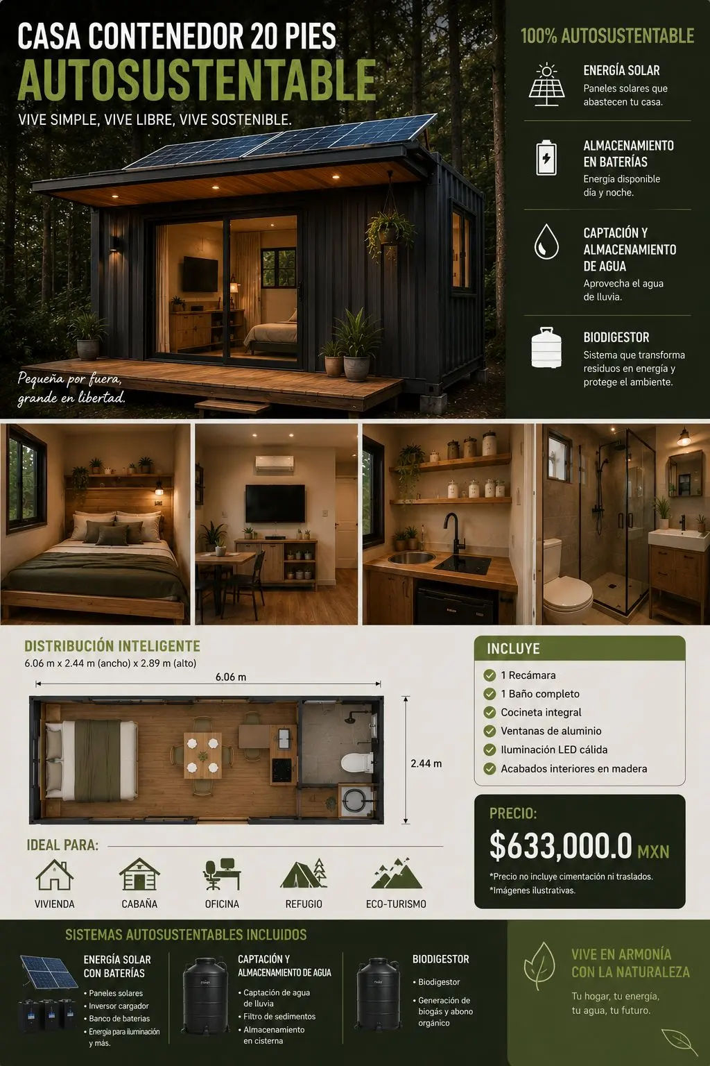 Promoción casa contenedor 20 pies autosustentable, desde $633,000