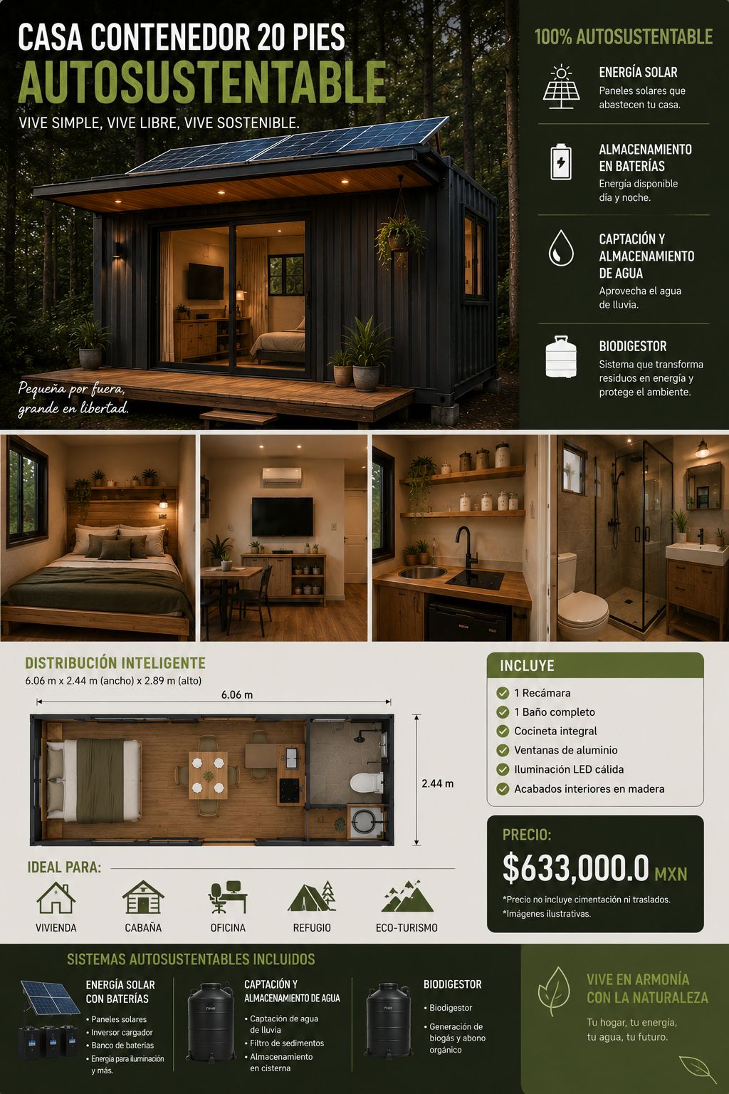 Promoción casa contenedor 20 pies autosustentable, desde $633,000
